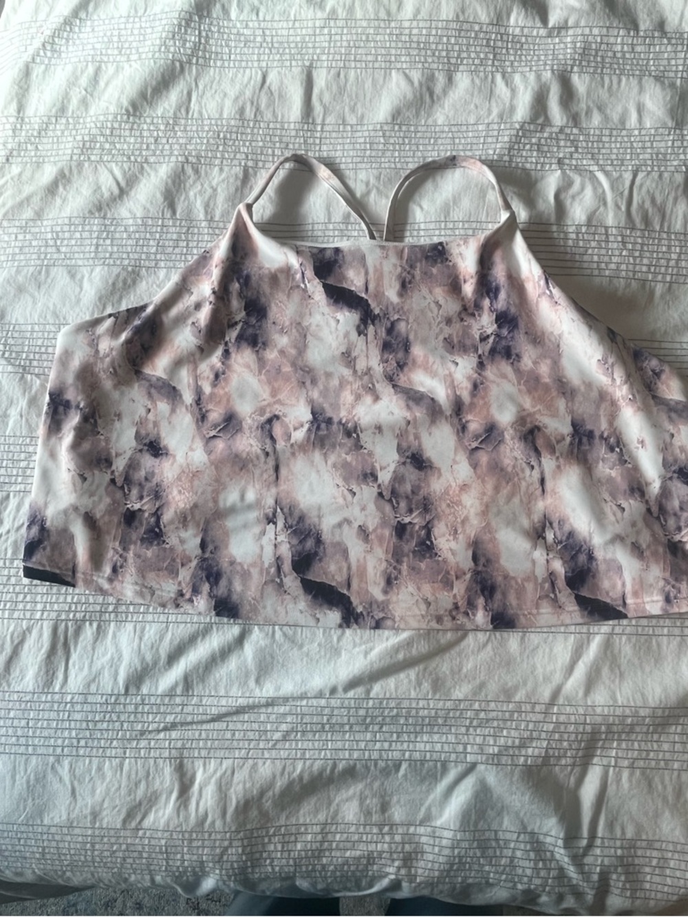 Marble-Print Spaghetti Strap Athletic Sports Bra Cami in Pink and Gray